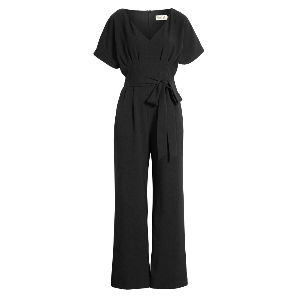Eliza J Flutter Sleeve Wide Leg Jumpsuit 12 Black V-Neck Tie Waist Cocktail NWT
